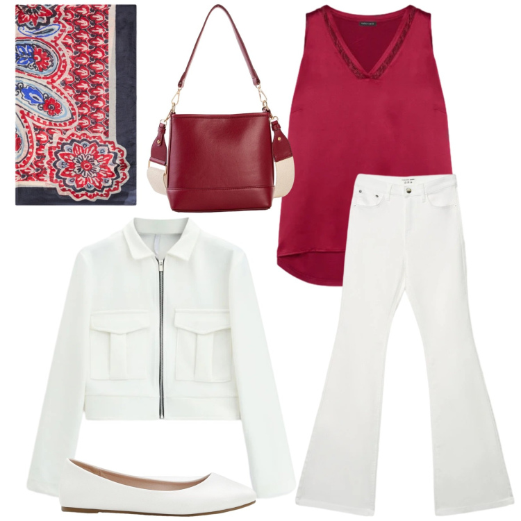 Outfit donna - In città. Stile Casual chic per Tutti i giorni. Abbinamento con ballerine, borse a tracolla, jeans a zampa, top, foulard, cappotti.