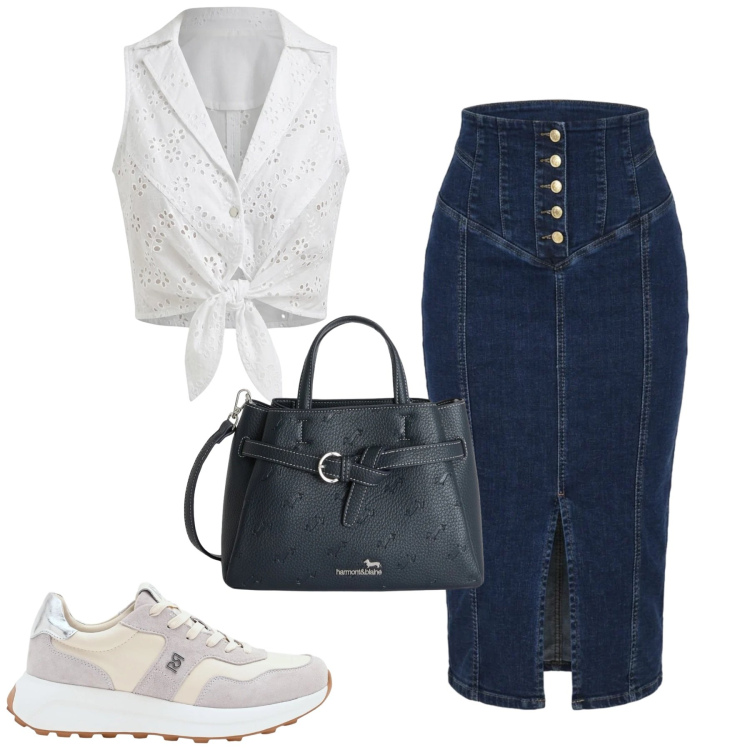 Outfit donna - City. Stile Casual chic per Tutti i giorni. Abbinamento con top, gonne longuette, sneakers, borse a mano.