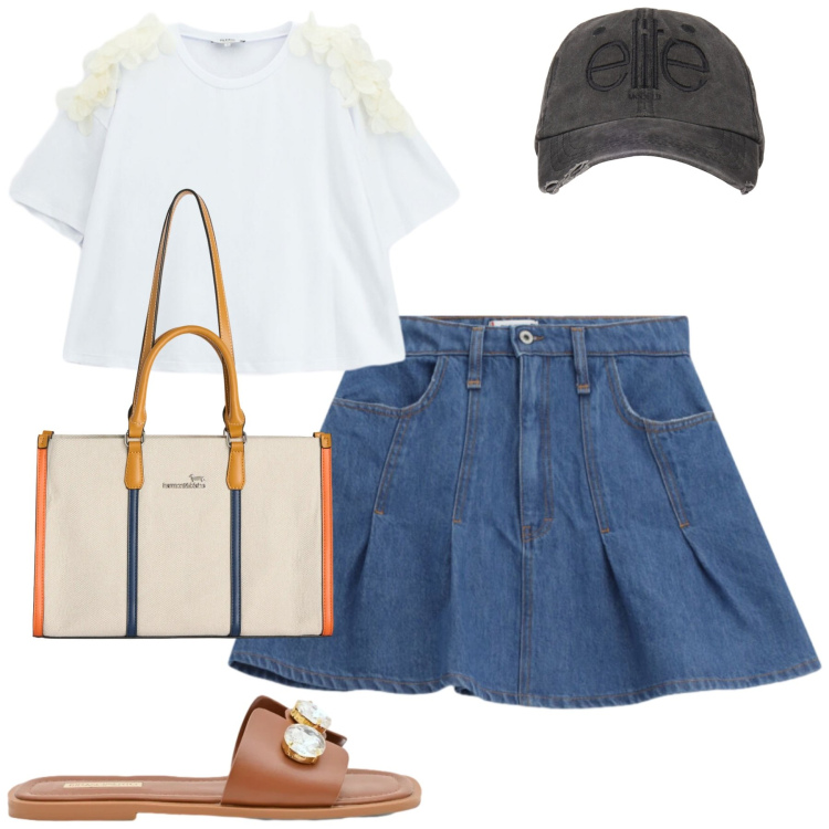 Outfit donna - City. Stile Casual per Tutti i giorni. Abbinamento con sandali gioiello, t-shirt, minigonne, borse tote, cappelli.