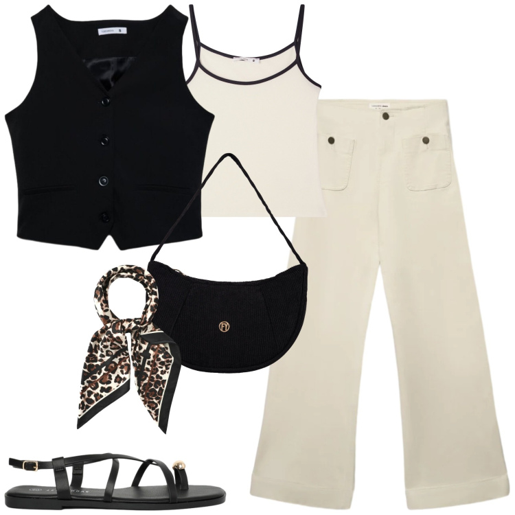 Outfit donna - City. Stile Casual chic per Tutti i giorni. Abbinamento con jeans, foulard, gilet, sandali, top, borse a mano.