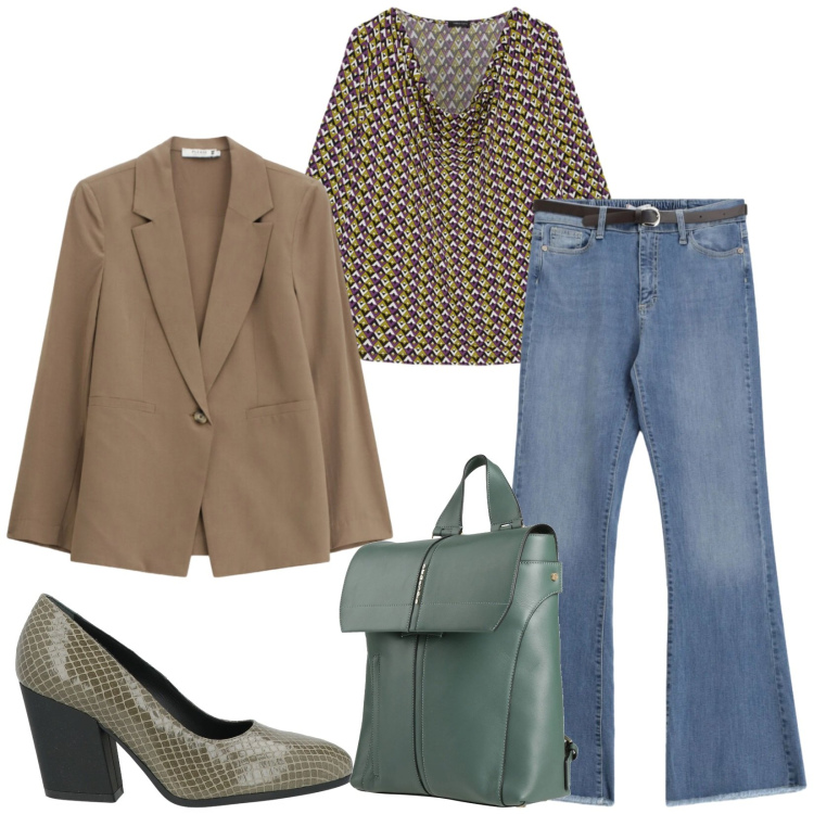 Outfit donna - Total look #2390136. Stile Trendy per Ufficio. Abbinamento con décolleté, zaini, t-shirt, jeans, blazer.