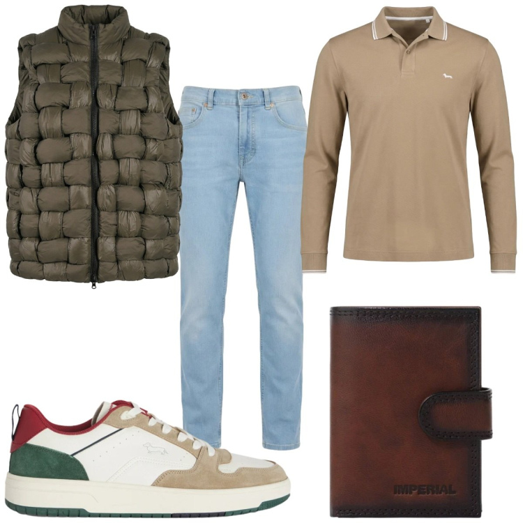Outfit uomo - Total look #2390137. Stile Casual per Tutti i giorni. Abbinamento con portafogli, sneakers, jeans, polo, gilet.