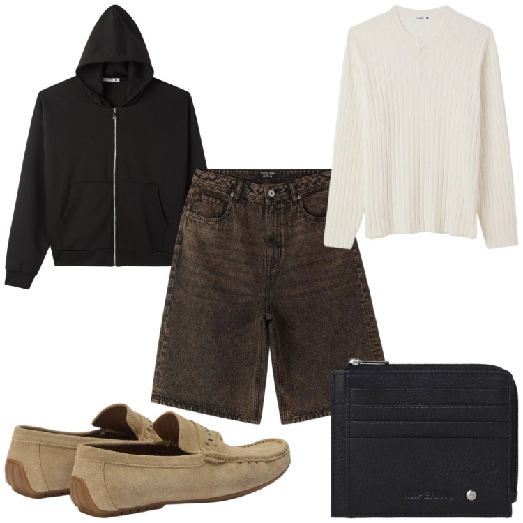 Outfit uomo - Total look #2390139. Stile Casual per Tutti i giorni. Abbinamento con maglieria, felpe con cappuccio, bermuda, portafogli, scarpe stringate.