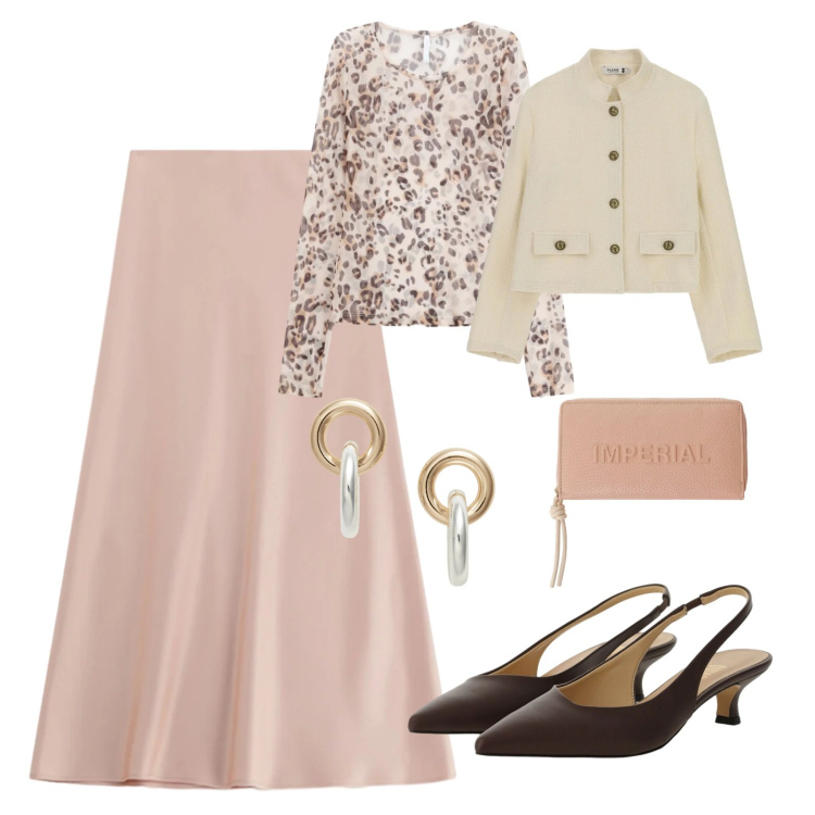 Outfit donna - Soft peach & chocolate. Stile Chic per Serata fuori. Abbinamento con gonne lunghe, portafogli, t-shirt, décolleté, cappotti, orecchini.