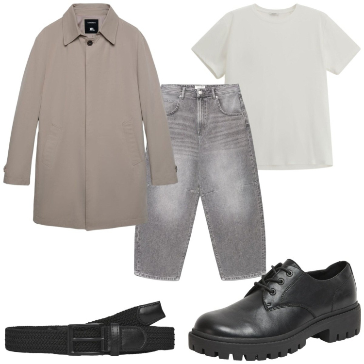 Outfit uomo - Total look #2390141. Stile Casual per Tutti i giorni. Abbinamento con scarpe stringate, cinture, trench, jeans, t-shirt.