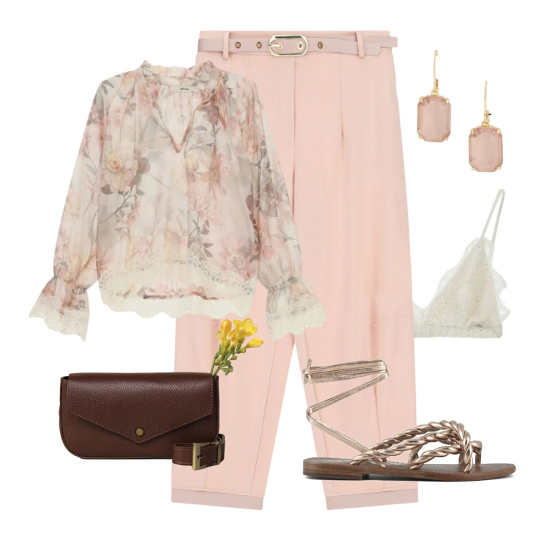 Outfit donna - Blusa romantica. Stile Romantica per Tutti i giorni. Abbinamento con reggiseni, pantaloni, borse a tracolla, bluse, orecchini, sandali in pelle.