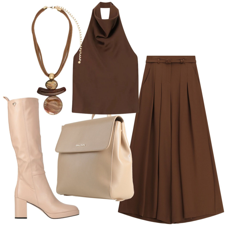 Outfit donna - Leggerezza e brio. Stile Trendy per Ufficio. Abbinamento con stivali, zaini, ciondoli, pantaloni a palazzo, top.