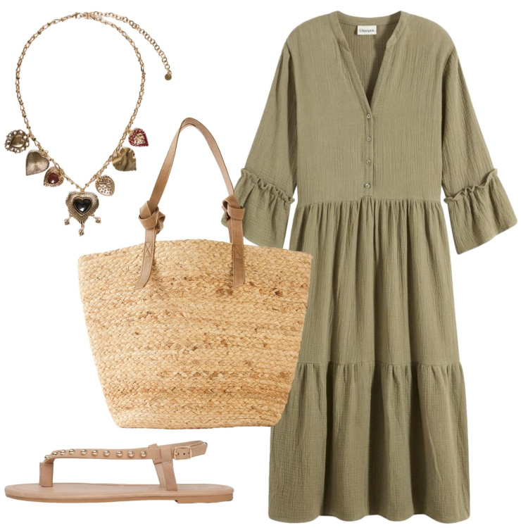 Outfit donna - Boho Spring. Stile Boho per Tutti i giorni. Abbinamento con shopping bag, vestiti chemisier, ciabatte, collane.