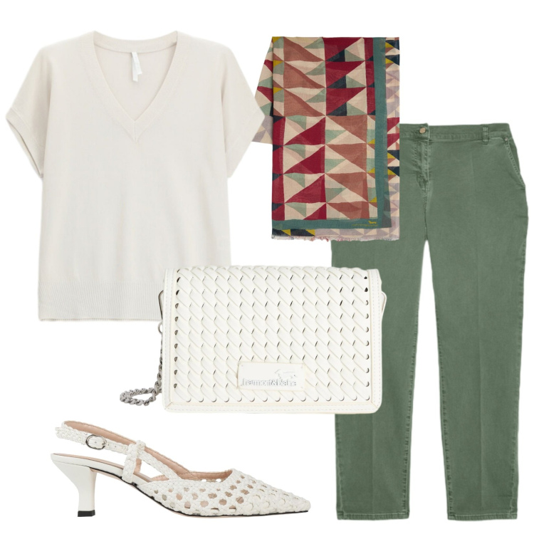 Outfit donna - Jeans verde chic. Stile Casual chic per Tutti i giorni. Abbinamento con décolleté, maglieria, pantaloni chino, borse a tracolla, sciarpe.