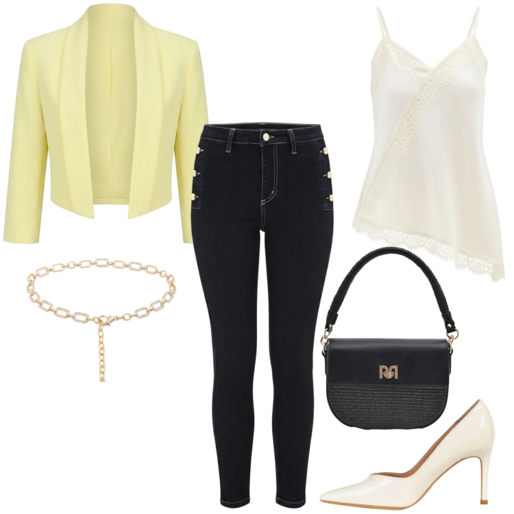 Outfit donna - Un tocco di giallo fresco primaverile. Stile Casual chic per Tutti i giorni. Abbinamento con bolero, borse a spalla, canottiere, jeans skinny, décolleté, cinture.