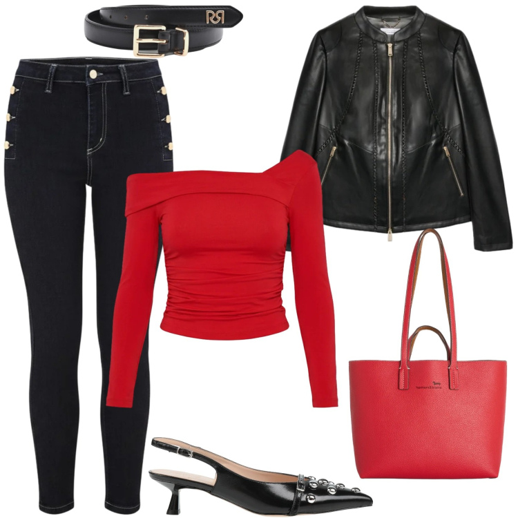 Outfit donna - Audace aprile. Stile Rock per Serata fuori. Abbinamento con décolleté, cinture, t-shirt, jeans skinny, blazer, shopping bag.