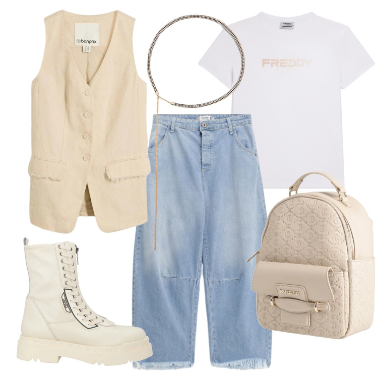 Outfit donna - Mum style. Stile Trendy per Tutti i giorni. Abbinamento con anfibi, zaini, gilet, jeans, cinture, t-shirt.