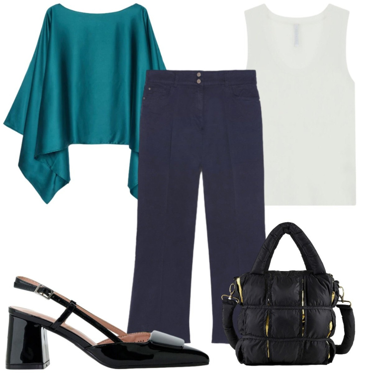 Outfit donna - Total look #2390153. Stile Chic per Cerimonia. Abbinamento con cappe, pantaloni, décolleté, top, borse a mano.