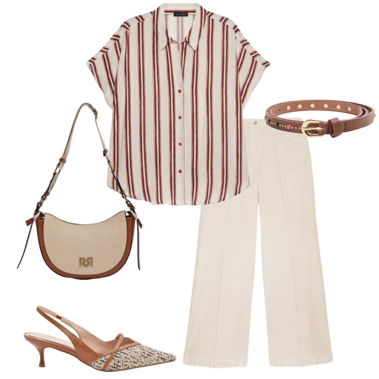 Outfit donna - In ufficio. Stile Casual chic per Ufficio. Abbinamento con cinture, camicie a manica corta, pantaloni a palazzo, borse a tracolla, décolleté.