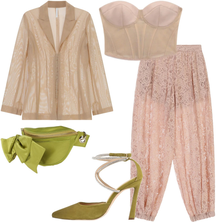 Outfit donna - La trasparenza con raffinatezza. Stile Trendy per Serata fuori. Abbinamento con marsupi, décolleté, pantaloni, blazer, top.