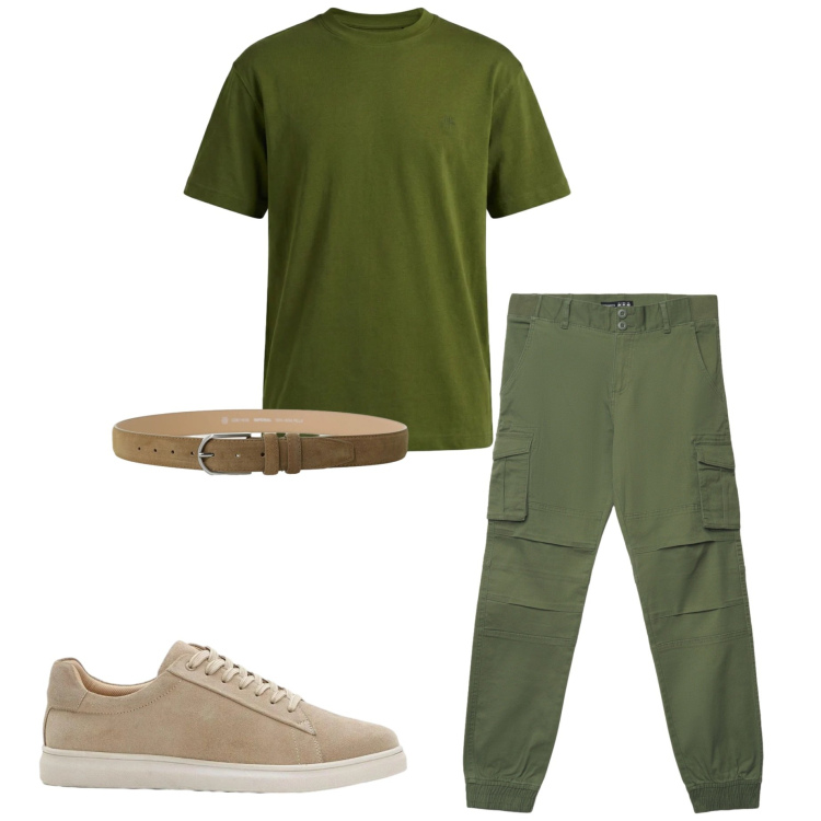 Outfit uomo - Verde bosco. Stile Casual per Tutti i giorni. Abbinamento con sneakers, pantaloni cargo, t-shirt, cinture.