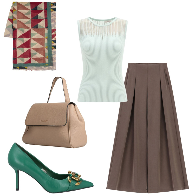 Outfit donna - Total look #2390161. Stile Bon Ton per Serata fuori. Abbinamento con zaini, décolleté, pantaloni a palazzo, top, sciarpe.