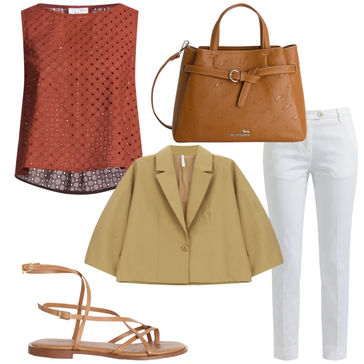Outfit donna - Total look #2390164. Stile Glamour per Tutti i giorni. Abbinamento con top, blazer, borse a mano, sandali in pelle, pantaloni.