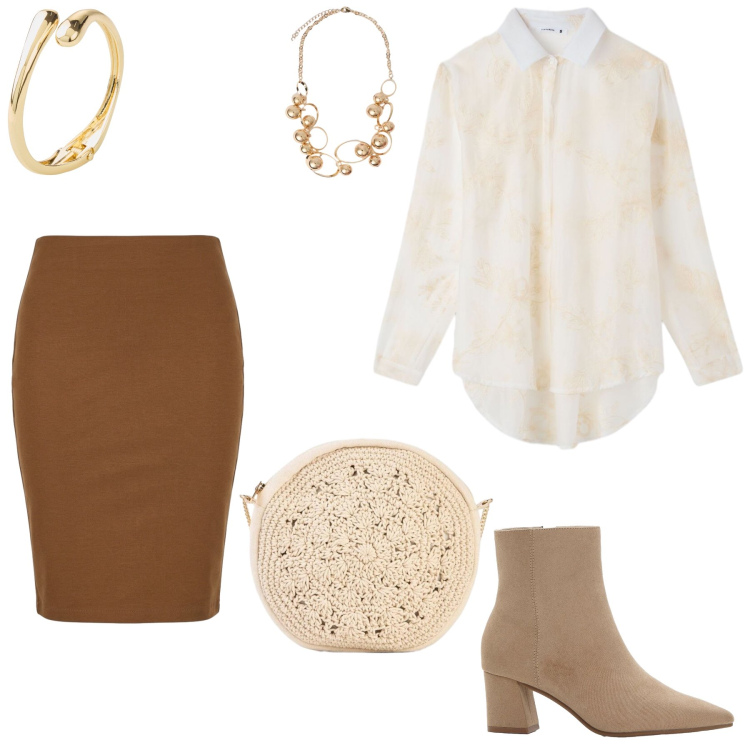 Outfit donna - Total look #2390170. Stile Casual chic per Ufficio. Abbinamento con braccialetti, stivaletti, borse a tracolla, camicie, gonne longuette, collane.