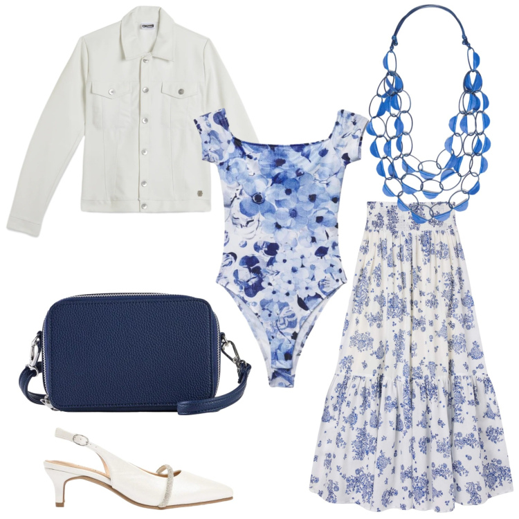 Outfit donna - Fiori bianchi e blu. Stile Romantica per Tutti i giorni. Abbinamento con borse a tracolla, décolleté, gonne lunghe, top, collane, giacche.