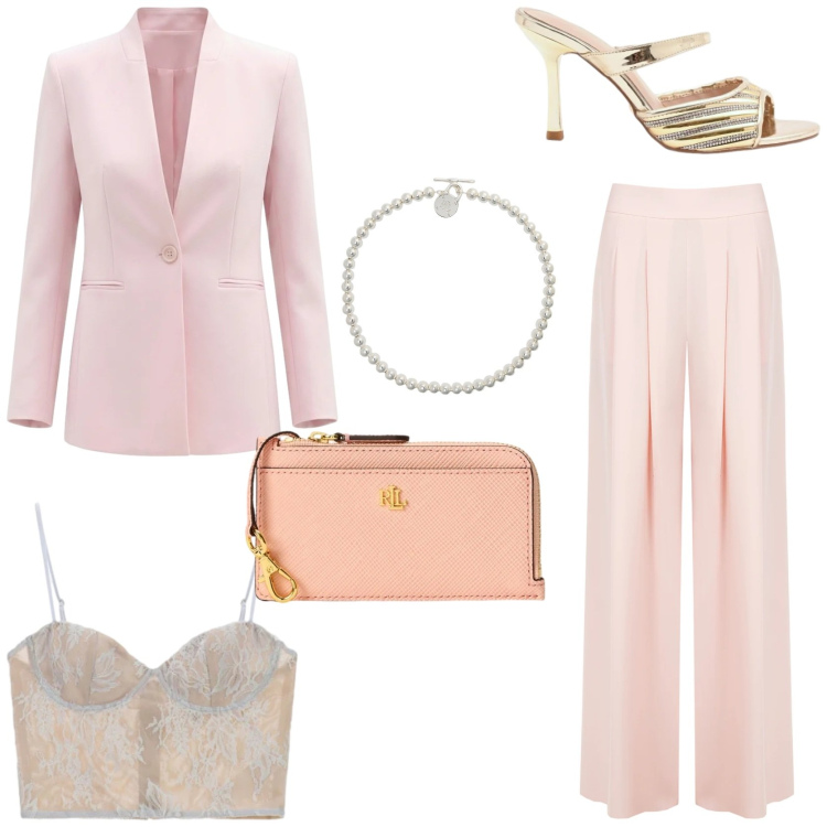 Outfit donna - Look delicato e romantico. Stile Romantica per Cerimonia. Abbinamento con canottiere, pantaloni a palazzo, sabot, blazer, collane, portafogli.