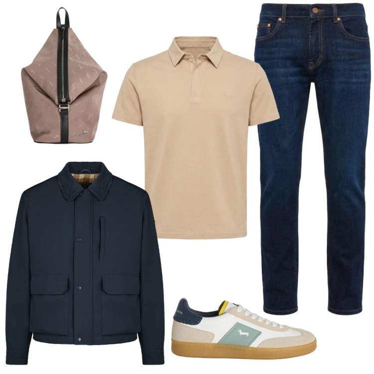 Outfit uomo - #in.vespa. Stile Trendy per Ufficio. Abbinamento con borse sportive, polo, jeans, sneakers, piumini.