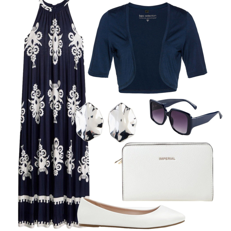 Outfit donna - Di domenica. Stile Bon Ton per Tutti i giorni. Abbinamento con vestiti, bolero, ballerine, occhiali da sole, orecchini, borse a tracolla.