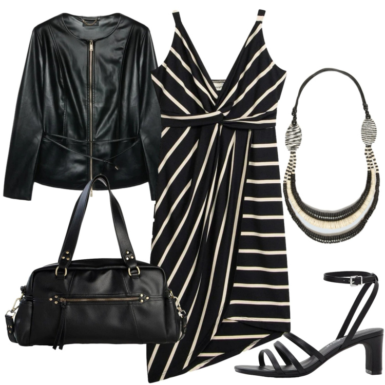 Outfit donna - Party di apertura terrazza estiva. Stile Glamour per Serata fuori. Abbinamento con vestiti midi/longuette, borse a mano, sandali col tacco, collane, blazer.