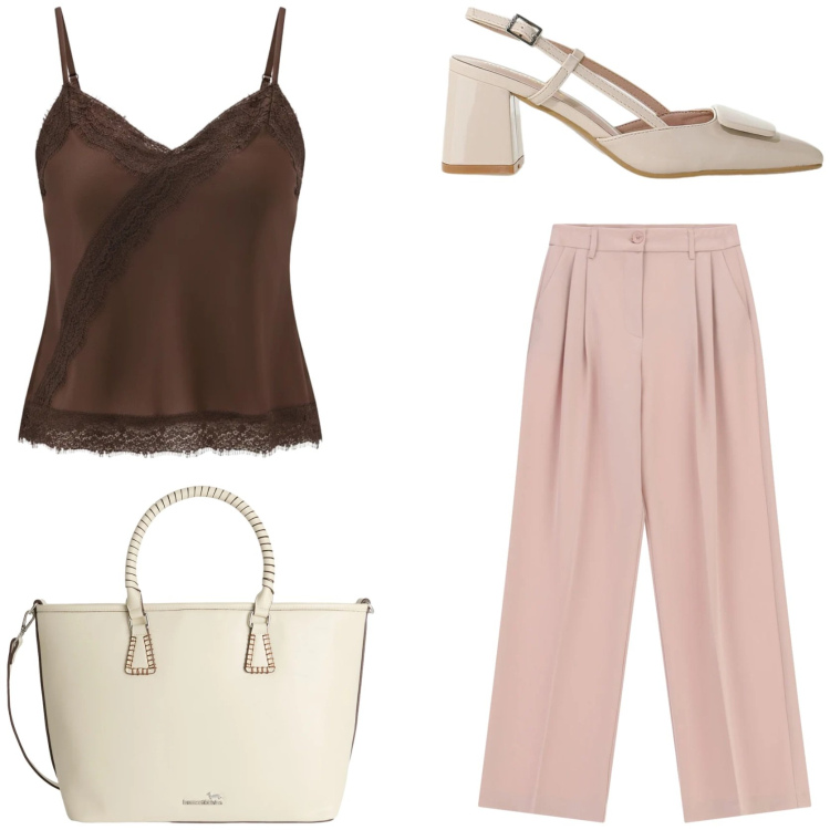 Outfit donna - Minimal chic. Stile Chic per Tutti i giorni. Abbinamento con shopping bag, décolleté, pantaloni a palazzo, canottiere.
