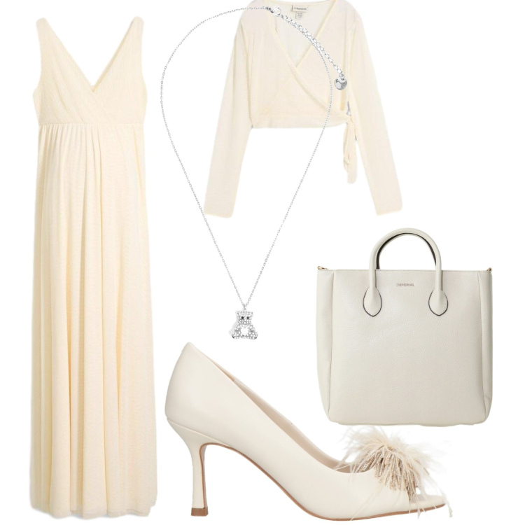 Outfit donna - Color panna. Stile Bon Ton per Cerimonia. Abbinamento con décolleté, vestiti lunghi, borse a tracolla, ciondoli.