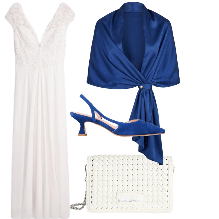 Outfit donna - Bianco con blu. Stile Chic per Cerimonia. Abbinamento con décolleté, vestiti, stole, borse a tracolla.