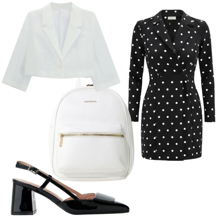 Outfit donna - Pois in ufficio. Stile Bon Ton per Ufficio. Abbinamento con blazer, zaini, décolleté, vestiti corti.
