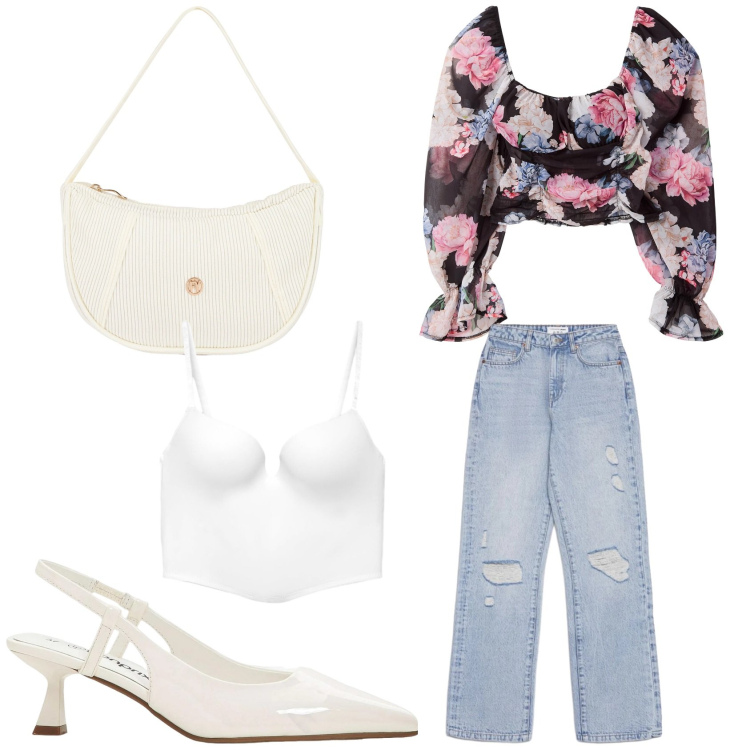 Outfit donna - La blusa a fiori Terranova. Stile Preppy per Tutti i giorni. Abbinamento con décolleté, bluse, jeans strappati, reggiseni, borse a mano.
