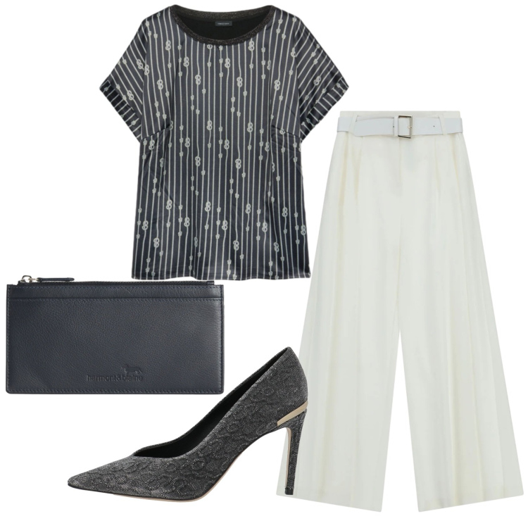 Outfit donna - Total look #2390225. Stile Chic per Serata fuori. Abbinamento con décolleté, pantaloni a palazzo, t-shirt, portafogli.
