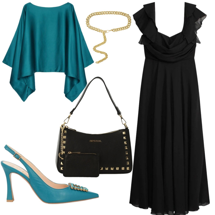 Outfit donna - Cerimonia Curvy Ottanio e Nero. Stile Chic per Cerimonia. Abbinamento con décolleté, vestiti lunghi, cinture, cappe, borse a spalla.