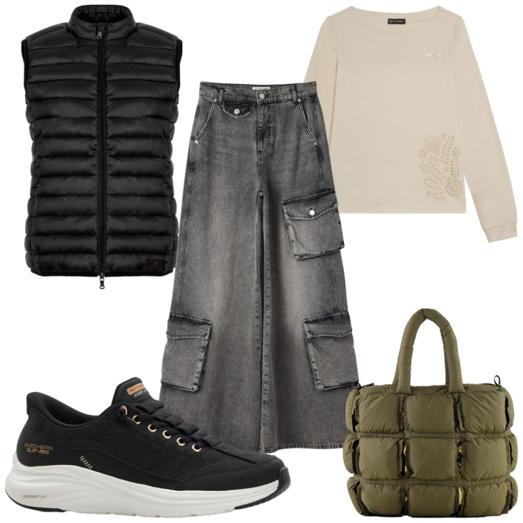 Outfit donna - Total look #2390234. Stile Casual per Tutti i giorni. Abbinamento con sneakers, jeans, felpe, piumini, borse a mano.