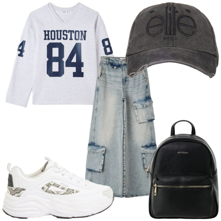Outfit donna - Total look #2390236. Stile Urban per Tutti i giorni. Abbinamento con sneakers, t-shirt, jeans, zaini, cappelli.