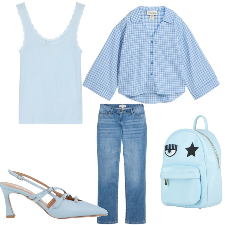 Outfit donna - I QUADRETTI vichy per tutti i giorni. Stile Bon Ton per Tutti i giorni. Abbinamento con zaini, décolleté, camicie, jeans dritti, canottiere.