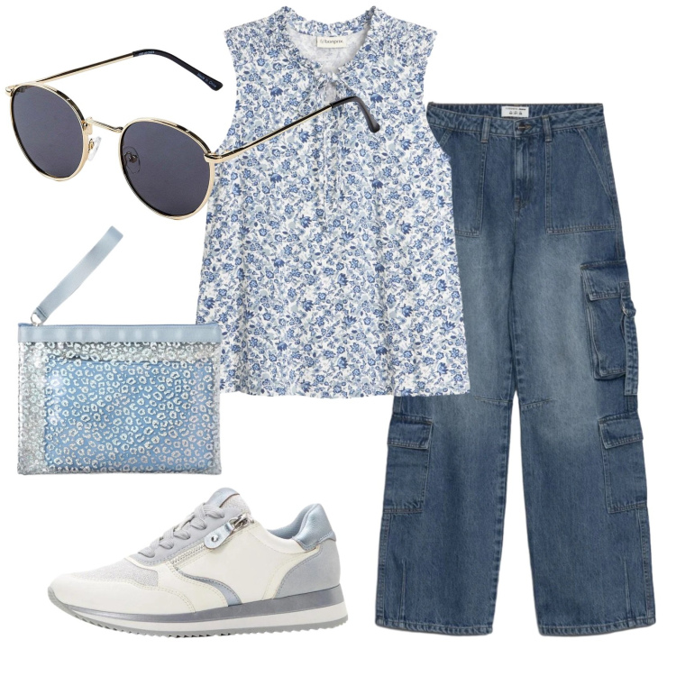Outfit donna - Total look #2390250. Stile Casual per Scuola/Università. Abbinamento con occhiali da sole, sneakers, canottiere, jeans, pochette.