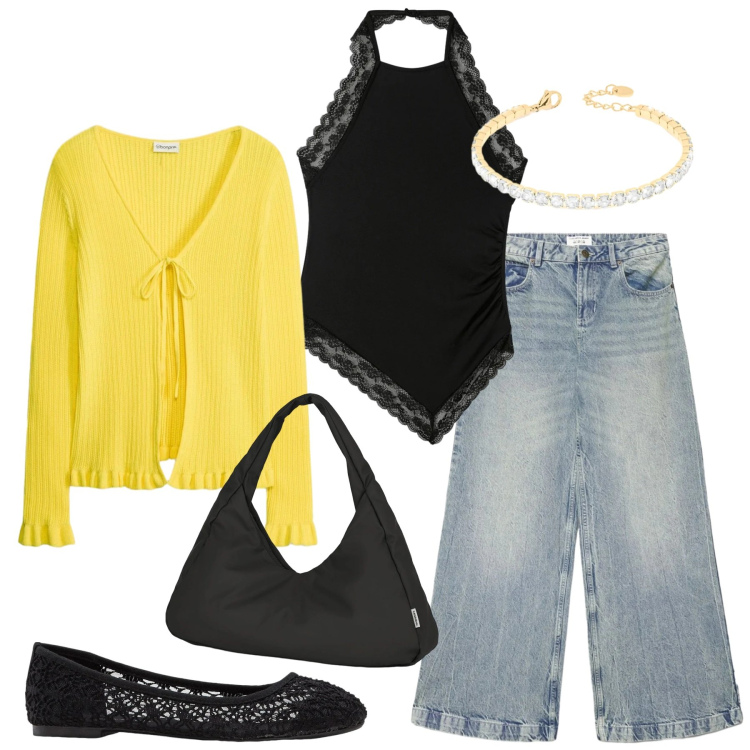 Outfit donna - Total look #2390251. Stile Basic per Tutti i giorni. Abbinamento con ballerine, cardigans, jeans, top, braccialetti, borse a spalla.