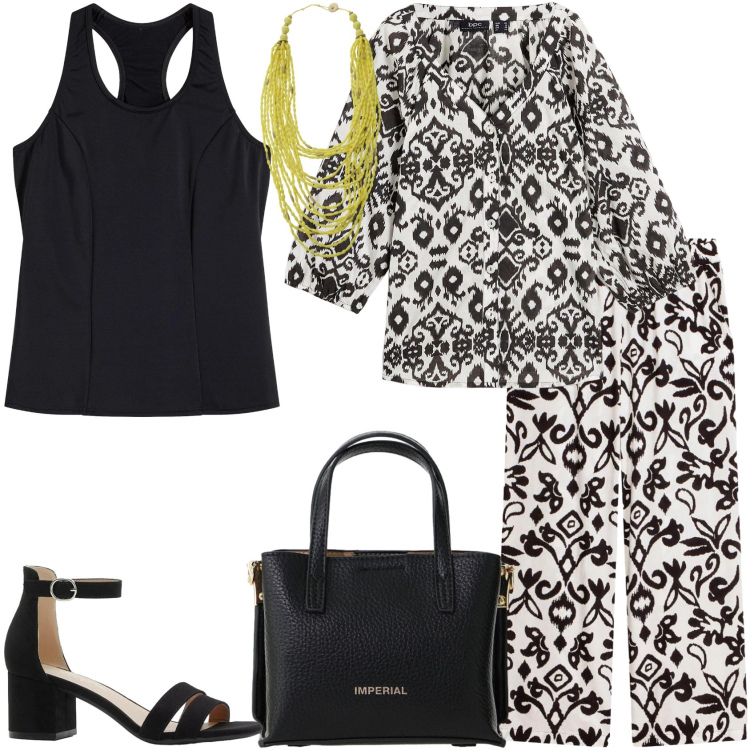 Outfit donna - Fantasia Etnica Black & White. Stile Etnico per Serata fuori. Abbinamento con pantaloni, top, sandali col tacco, camicie, borse a tracolla, collane.