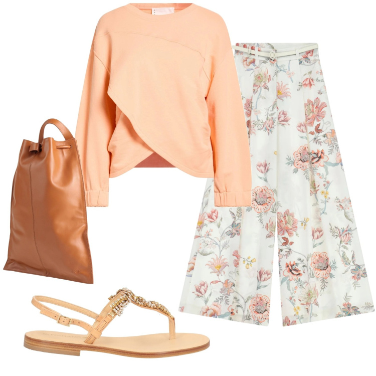 Outfit donna - Total look #2390254. Stile Romantica per Tutti i giorni. Abbinamento con felpe, zaini, infradito, pantaloni a palazzo.