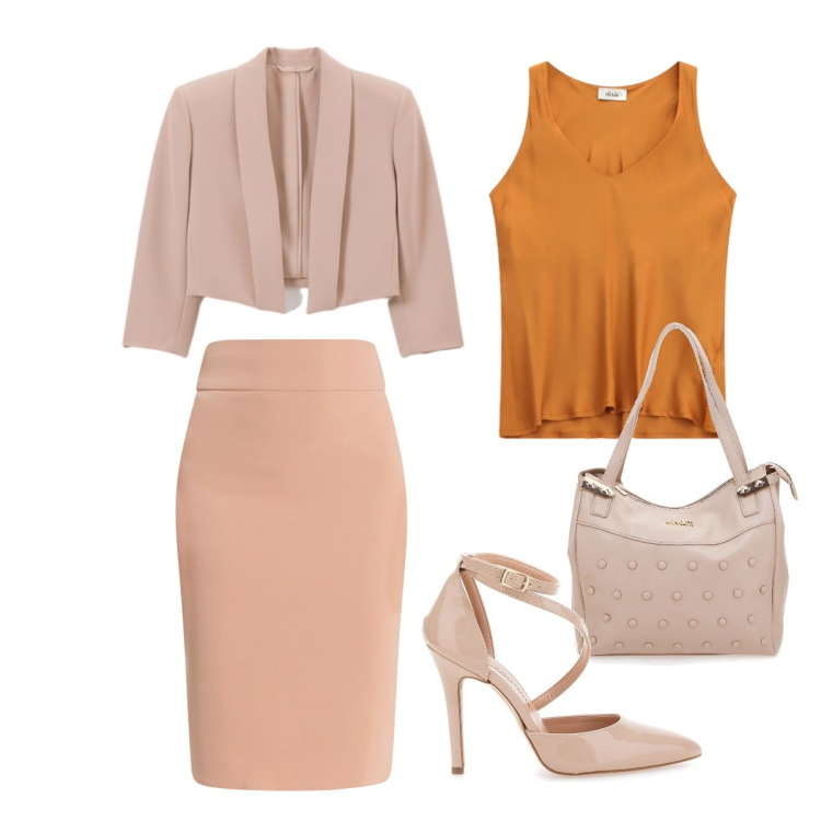 Outfit donna - Completo leggero. Stile Minimal per Ufficio. Abbinamento con gonne longuette, bolero, top, décolleté, shopping bag.