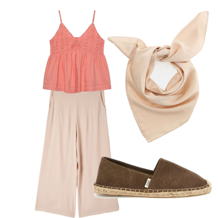 Outfit donna - Accessori soft e minimal. Stile Minimal per Mare. Abbinamento con canottiere, pantaloni a palazzo, foulard, espadrillas.