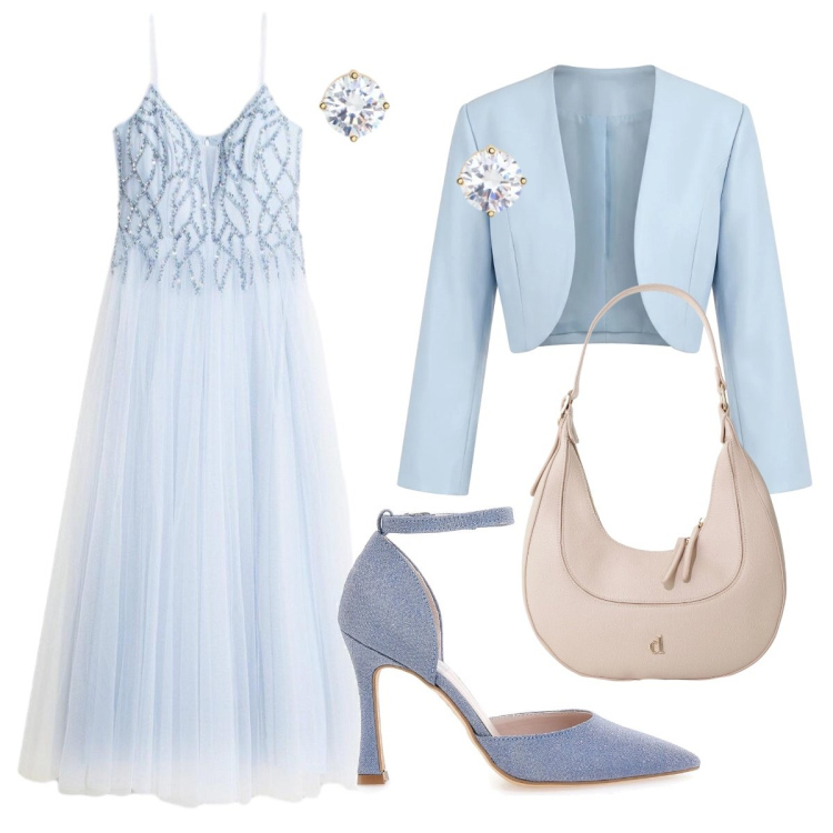 Outfit donna - La testimone di nozze. Stile Chic per Cerimonia. Abbinamento con vestiti lunghi, bolero, borse a tracolla, orecchini, décolleté.