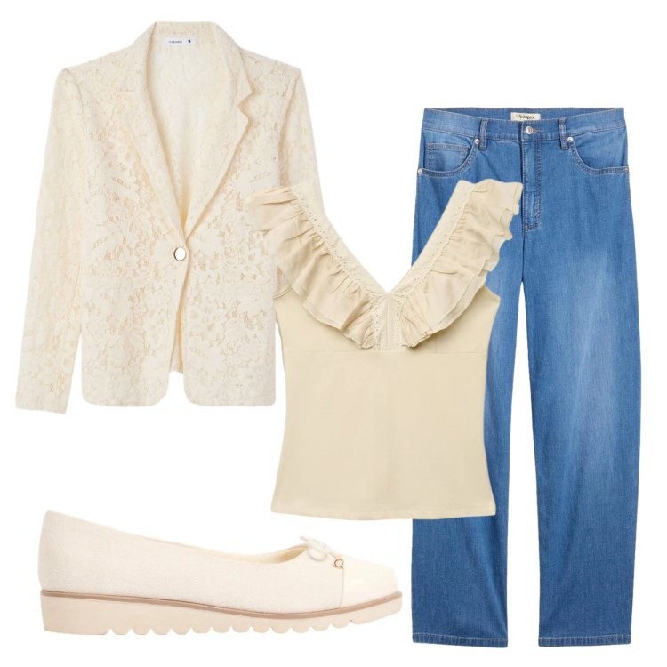 Outfit donna - Total look #2390267. Stile Casual chic per Ufficio. Abbinamento con ballerine, jeans, top, blazer.