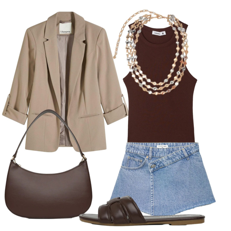 Outfit donna - Total look #2390275. Stile Casual per Ufficio. Abbinamento con blazer, minigonne, canottiere, borse a tracolla, ciabatte, collane.
