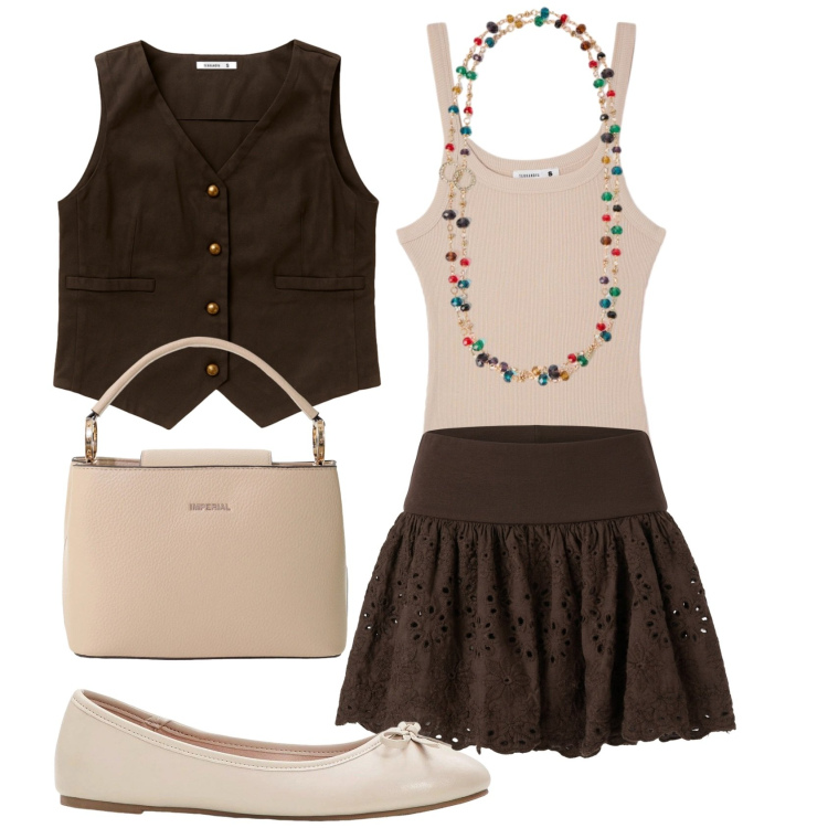 Outfit donna - Total look #2390276. Stile Trendy per Tutti i giorni. Abbinamento con ballerine, gilet, canottiere, minigonne, borse a secchiello, collane.