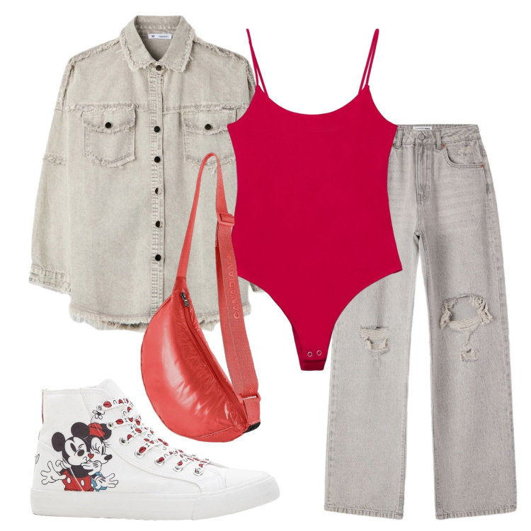 Outfit donna - Total look #2390278. Stile Urban per Tutti i giorni. Abbinamento con sneakers alte, top, jeans strappati, cappotti, borse a tracolla.