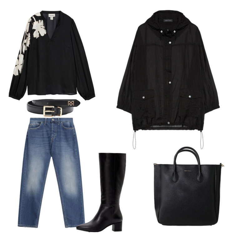 Outfit donna - Pioggia. Stile Casual chic per Tutti i giorni. Abbinamento con tuniche, stivali, borse a tracolla, parka, cinture, jeans dritti.